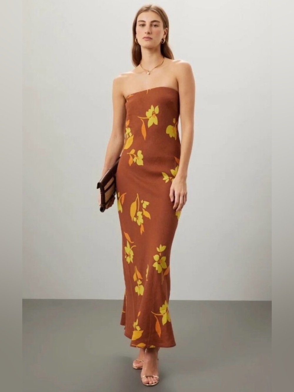 Soleil soleil Women’s Maeve strapless dress Size 2 in Brown Floral Linen Midi